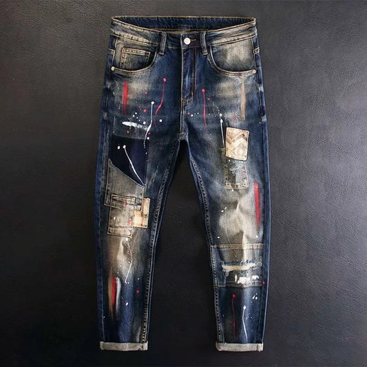 2024 Spring and Autumn New Fashion Trend Printed Straight Leg Stretch Jeans Men's Casual Loose Comfortable High Quality Pants