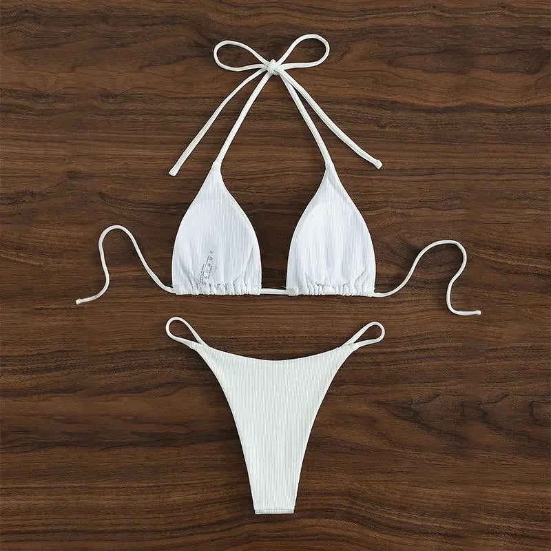 Special Pit Stripe Fabric Bikini Set Women Sexy Simple Solid Halter Bikini Swimsuit High Waisted Lace Up Beach Bathing Suit