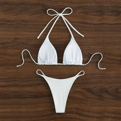 Special Pit Stripe Fabric Bikini Set Women Sexy Simple Solid Halter Bikini Swimsuit High Waisted Lace Up Beach Bathing Suit