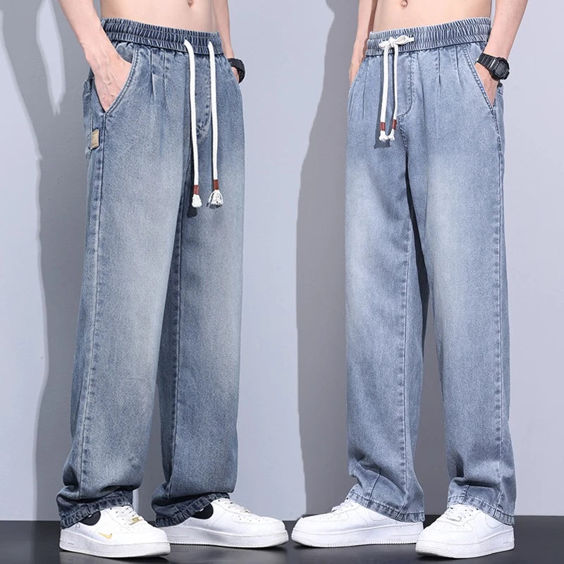 Elastic Waist Fashion Loose Jeans Men Spring Summer Thin Lyocell Classic Straight Denim Pants Casual Stretch Jogging Trousers