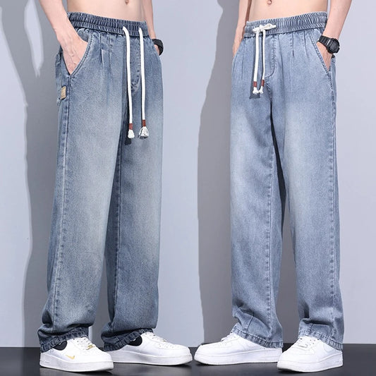 Elastic Waist Fashion Loose Jeans Men Spring Summer Thin Lyocell Classic Straight Denim Pants Casual Stretch Jogging Trousers