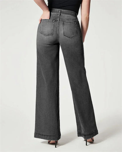 Stretch Elasticated Waist Wide Leg Jeans Women Fashion Chic Flared Trousers Loose Female Comfortable Commuter Casual Denim Pants
