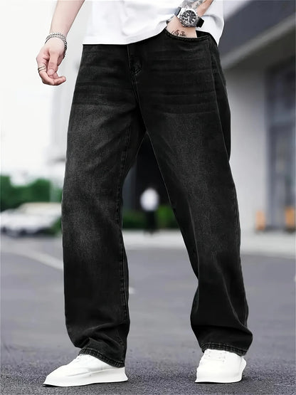Men's fashion hip hop style loose straight jeans solid color American high street straight pants