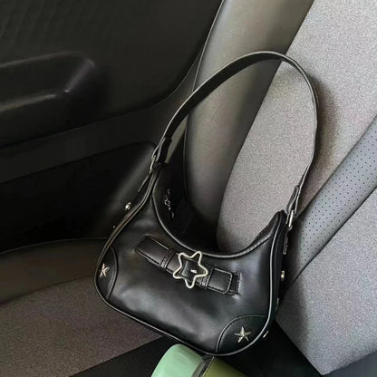 Vintage Korean Casual Cute White Star Shoulder Underarm Tote Bag Ladies Sling Bags Leather Zip Purses  Handbags Women