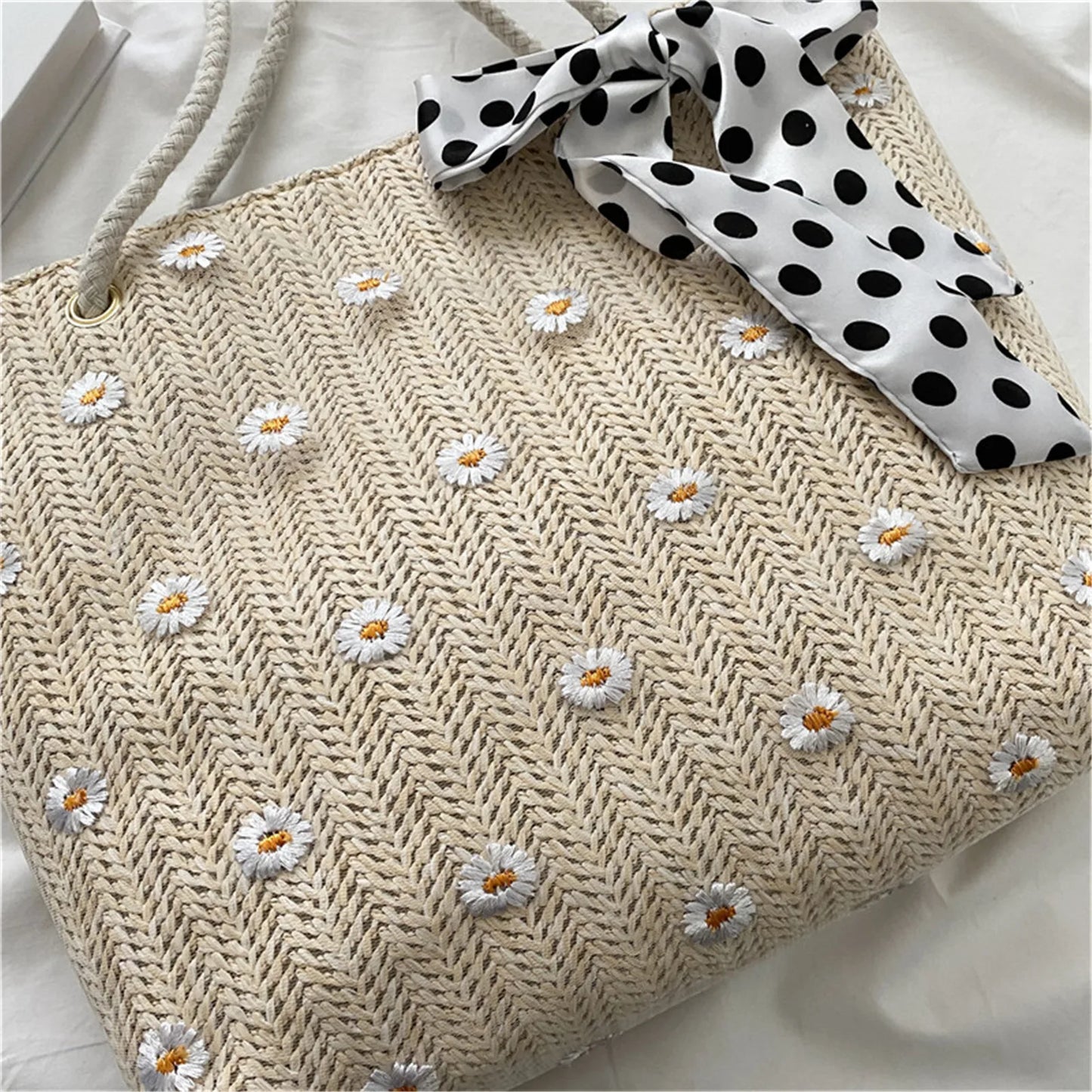 Summer Women Straw Woven Shoulder Bag Straw Bag Flower Embroidery Lace Beach Handbags Casual Ladies Large Capacity Totes Pouch