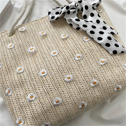 Summer Women Straw Woven Shoulder Bag Straw Bag Flower Embroidery Lace Beach Handbags Casual Ladies Large Capacity Totes Pouch