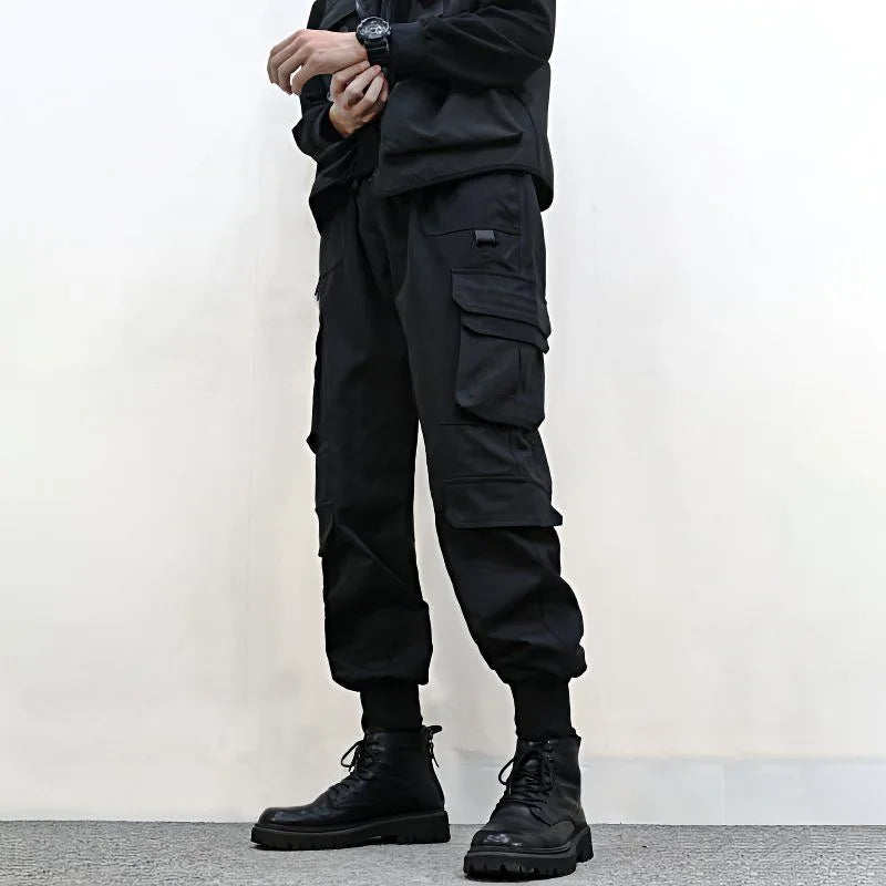 ARENS Multi Pockets Solid Color Casual Cargo Pants Mid-Rise Elastic Waistband Drawstring Shrinkable Cuffs Men Sweatpants