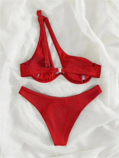 Sexy One Shoulder Bikini Set 2025 Women Red Black Push Up Underwire Micro Swimsuit Brazilian Cut Out Bathing Suit Thong Swimwear