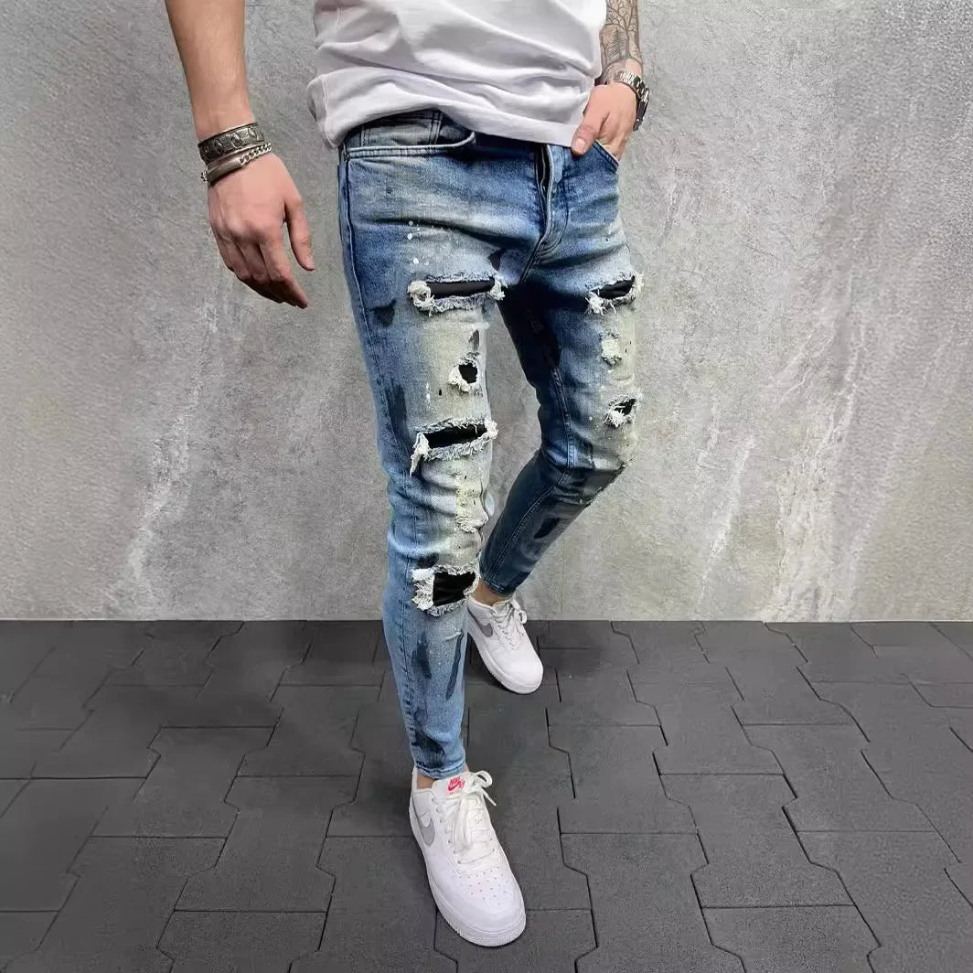 Men's Slim Fit Ripped Ankle Pants Painted Jeans