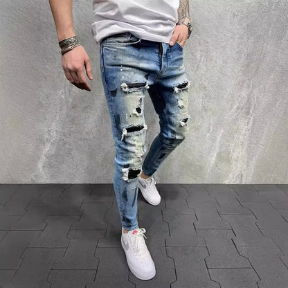 Men's Slim Fit Ripped Ankle Pants Painted Jeans