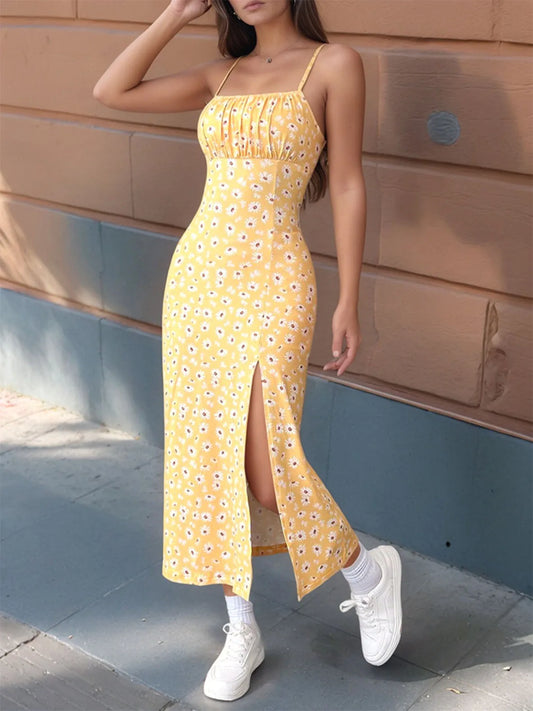 2025 Women Floral Print Dress Sleeveless High Slit Bodycon Midi Sundress French Vintage Style for Beach Date Night Office Party
