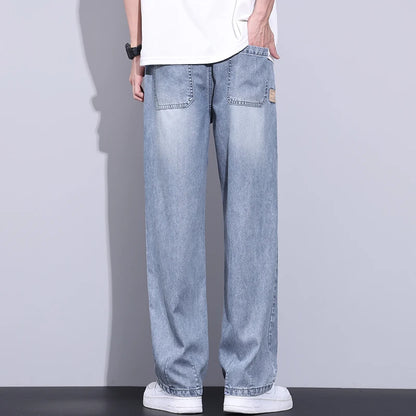 Elastic Waist Fashion Loose Jeans Men Spring Summer Thin Lyocell Classic Straight Denim Pants Casual Stretch Jogging Trousers