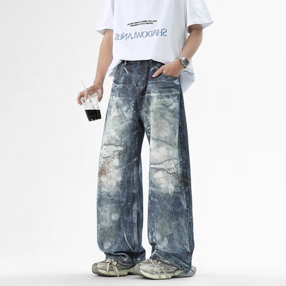 Mens Washed High Street Retro Pants Splashing Ink Color Piercing Printed Jeans High Street Trendy Brand Men Clothing Baggy Jeans