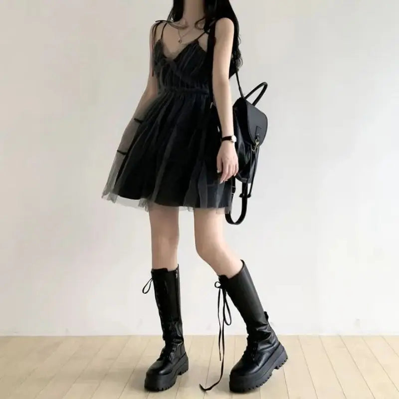 REALEFT Summer Y2k Black Mesh Women's Ball Gown Dresses 2025 New Sleeveless Strapless V-neck Party Sexy Mini Dress for Womens