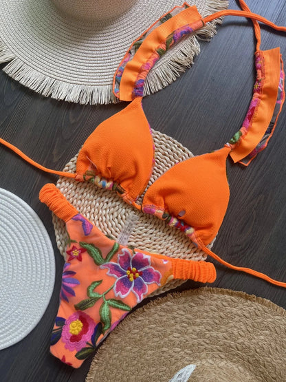 New Sexy Handmade Embroidery Bikini Set Women's Swimsuit Triangle Swimwear Bathing Suit Brazilian Biquinis