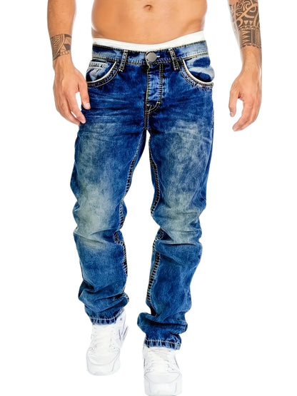 1pc Men's Casual Slim-Fit Stretch Jeans, Fashionable Street-Style Gradient Denim Pants with Washed-Out Look, Regular Fit, Machin