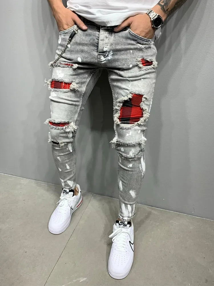 Mens Distressed Pleated Knee Patch Painted Stretch Skinny Jeans Ripped Denim Pants Brand Hip Hop Black Casual Trousers for men