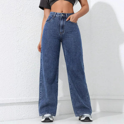 Denim Wide Leg Pants Women Streetwear Jeans Washed Distressed High Waist Straight Trousers Female Vintage Basics Floor Length
