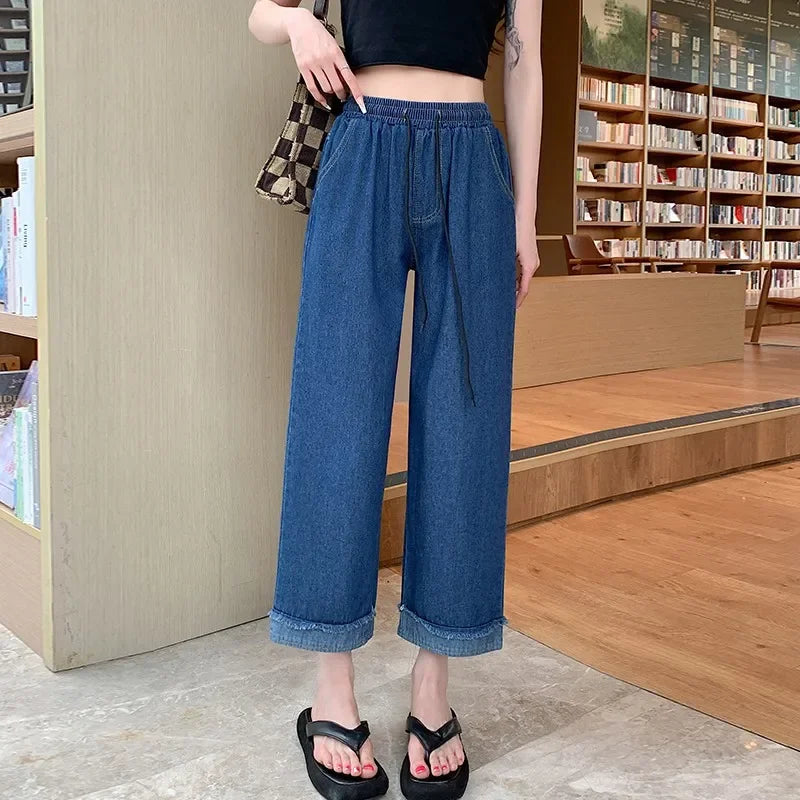 High Waist Straight Leg Casual Denim Pants Loose Wide Leg Crop Jeans Plus Size Comfortable Trousers For Women