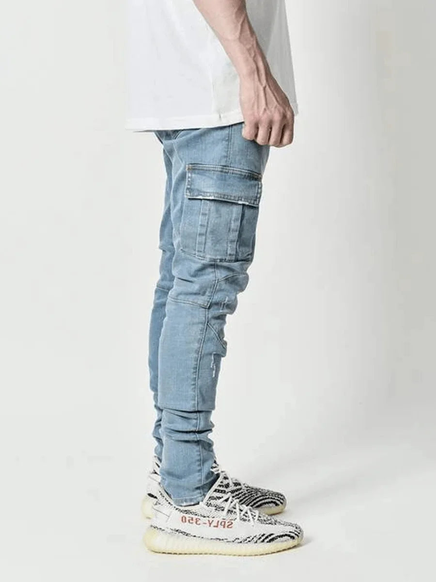 2025 New Men Street Elastic Denim Brand Jeans Narrow Legs Multi Pockets Cargo Pants Casual Slim Fit Daily Wear Joggers Mid Waist