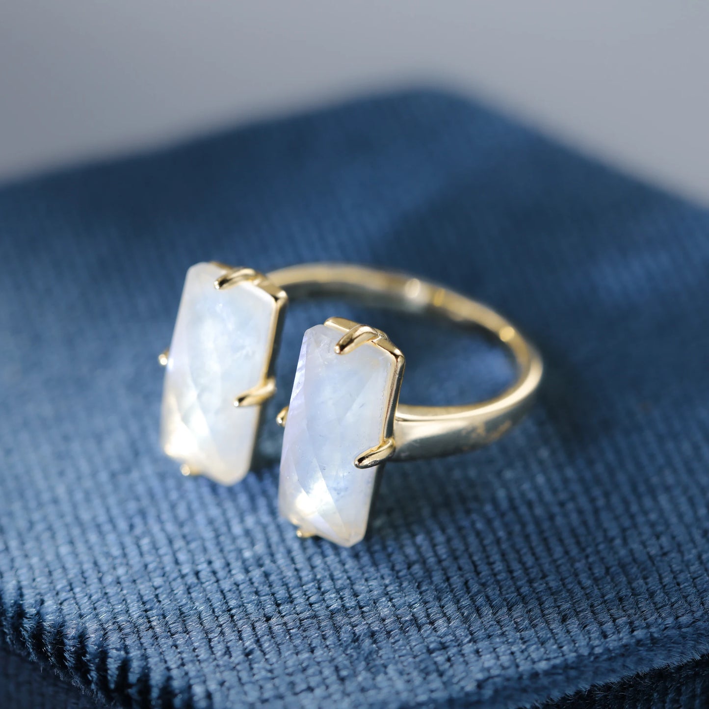Baguette Cut Natural Moonstone Gemstone Engagement Ring 925 Sterling Silver Adjustable Band for Women Blue Stone Promsie Gifts