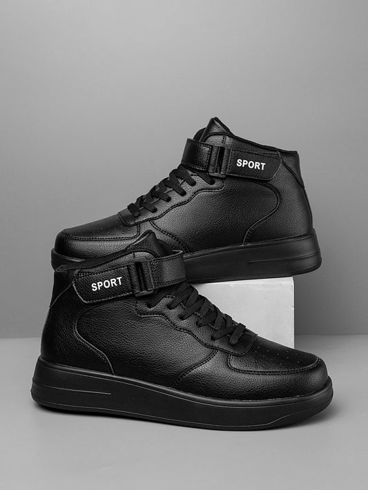 Men's Classic Fashionable Black Leather Spliced Velcro High-Top Casual Sneakers, Simple Daily Versatile and Comfortable Couple Sneakers