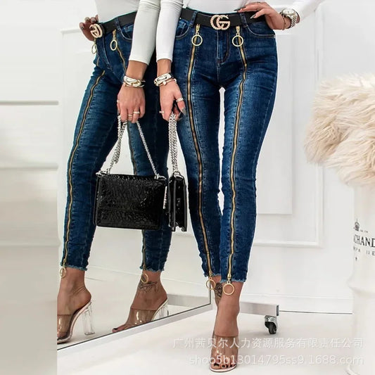 Women Spring Summer 2024 O-Ring Zipper Decor Skinny Jeans Denim Pants Trousers High Waist Jeans Ankle Length