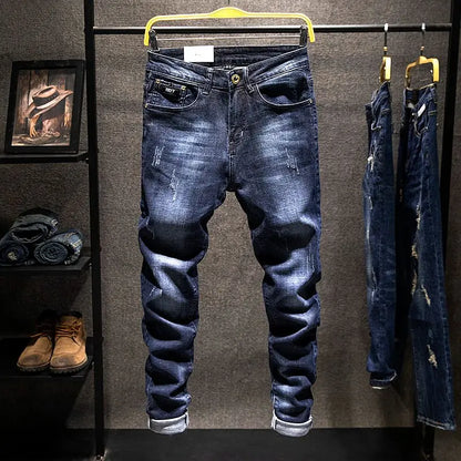 American High Street Men's Jeans Trendy Ripped Worn-out Hole Punch Elastic Straight Cut Slim Fit Streetwear Pant for All Seasons