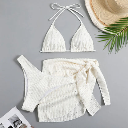 Summer Halter Bikini 3 Pieces Women Special Material Sexy Thong Swimwear With Sarong Skirt White/Black/Pink/Green Beachwear
