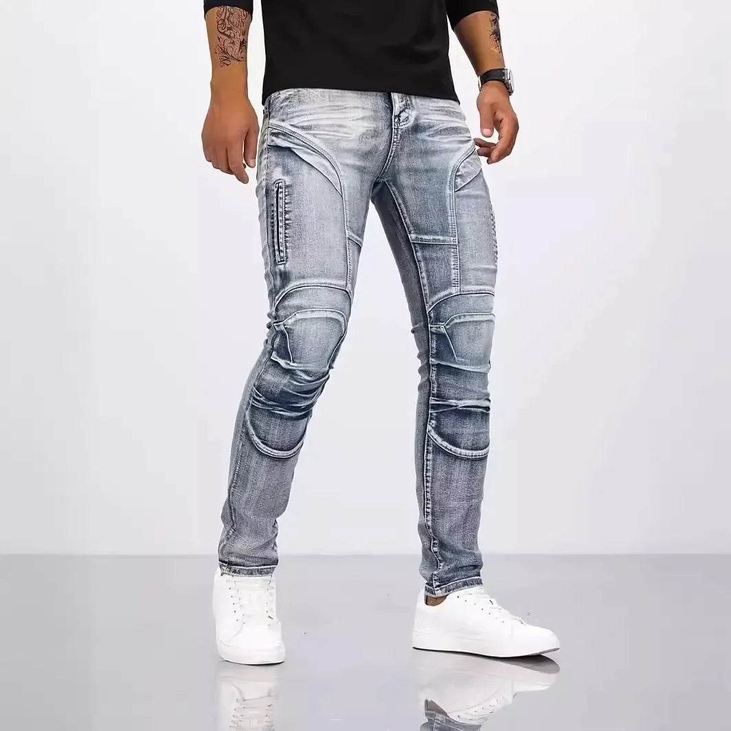 Pencil Jeans Men Ankle Length Denim Pants Washed Ripped Jeans Spliced Patchwork Pockets Slim Fit Moto Biker High Waist Man