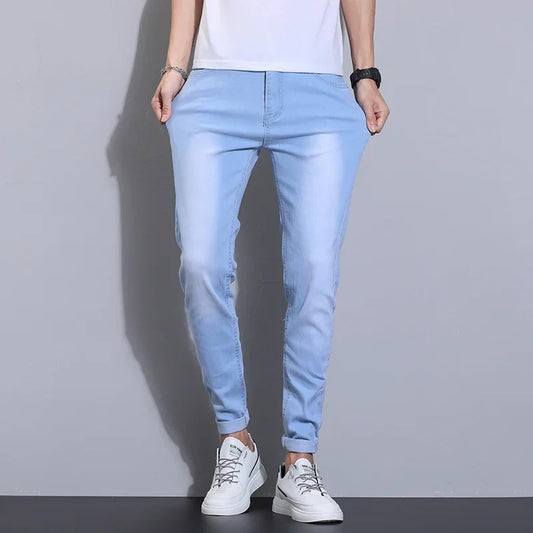 2025 Spring Summer Classic Fashion Men's Sky Blue Denim Pants Slim Men's Straight  Male Brand Clothing Stretch Denim TrouseS