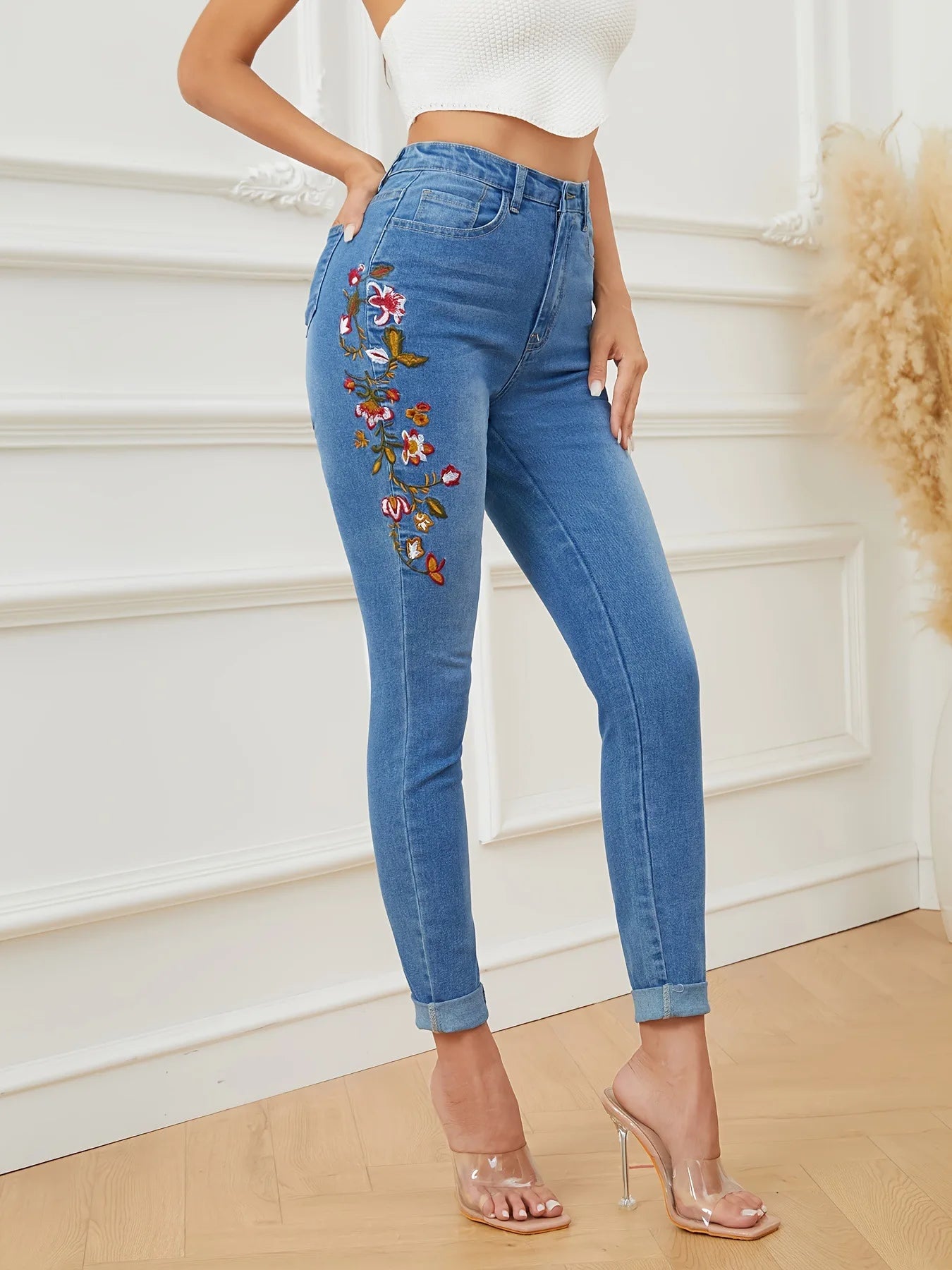 2023 Winter New High Waist Embroidered Jeans for Women Fashionable Stretch Slim Ankle-Length Denim Pencil Pants S-XL
