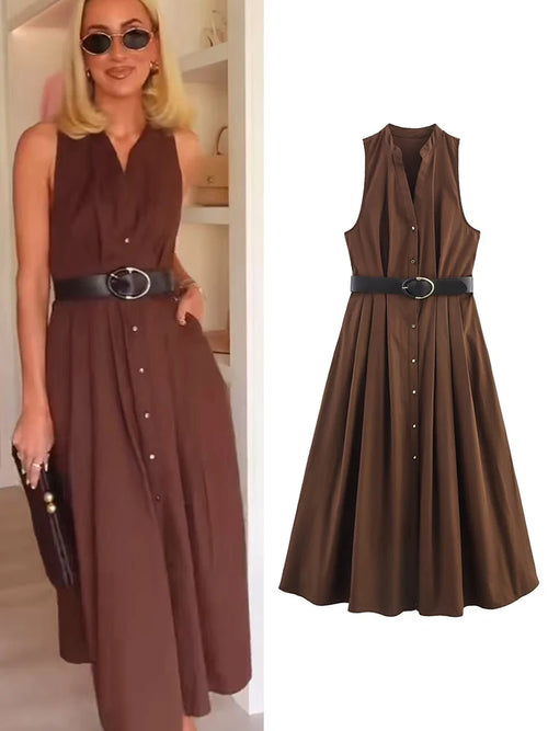 TFMLN New Summer Women's Midi Dress With Belt 2025 V Neck Sleeveless A-line Casual Single Breasted Dress Female Elegant Solid