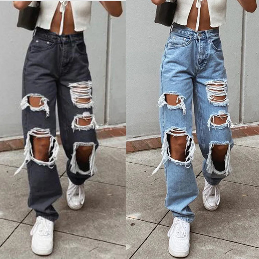 Women High Quality Washed Ripped Straight Leg Jeans, Spring New Street Personality Fashion Comfortable High Waist Wide Leg Pants