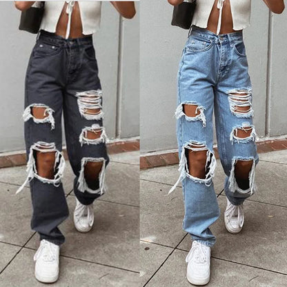 Women High Quality Washed Ripped Straight Leg Jeans, Spring New Street Personality Fashion Comfortable High Waist Wide Leg Pants