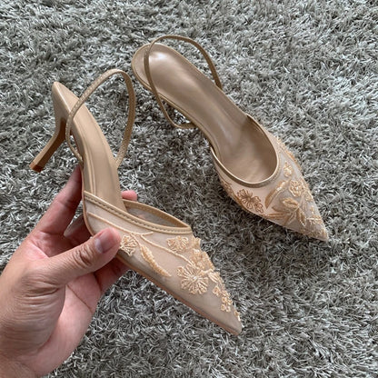 Luxury Brand High Heels Women Sandals Mesh Embroider Elegant Pointed Ladies Slingback Party Wedding Bridal Dress Shoes Woman