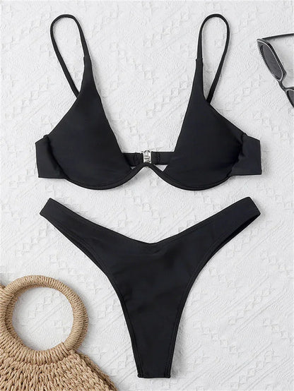 Sexy Underwire Bikini  Women Solid Red Push Up Bra Thong Swimsuit Haler V Neck Bathing Suit Mini Micro Thong Swimwear