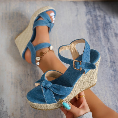 New Summer Comfortable Round Toe Buckle Thick Sole Casual Sandals Fashionable Wedge Banquet High Heels Women's Shoes