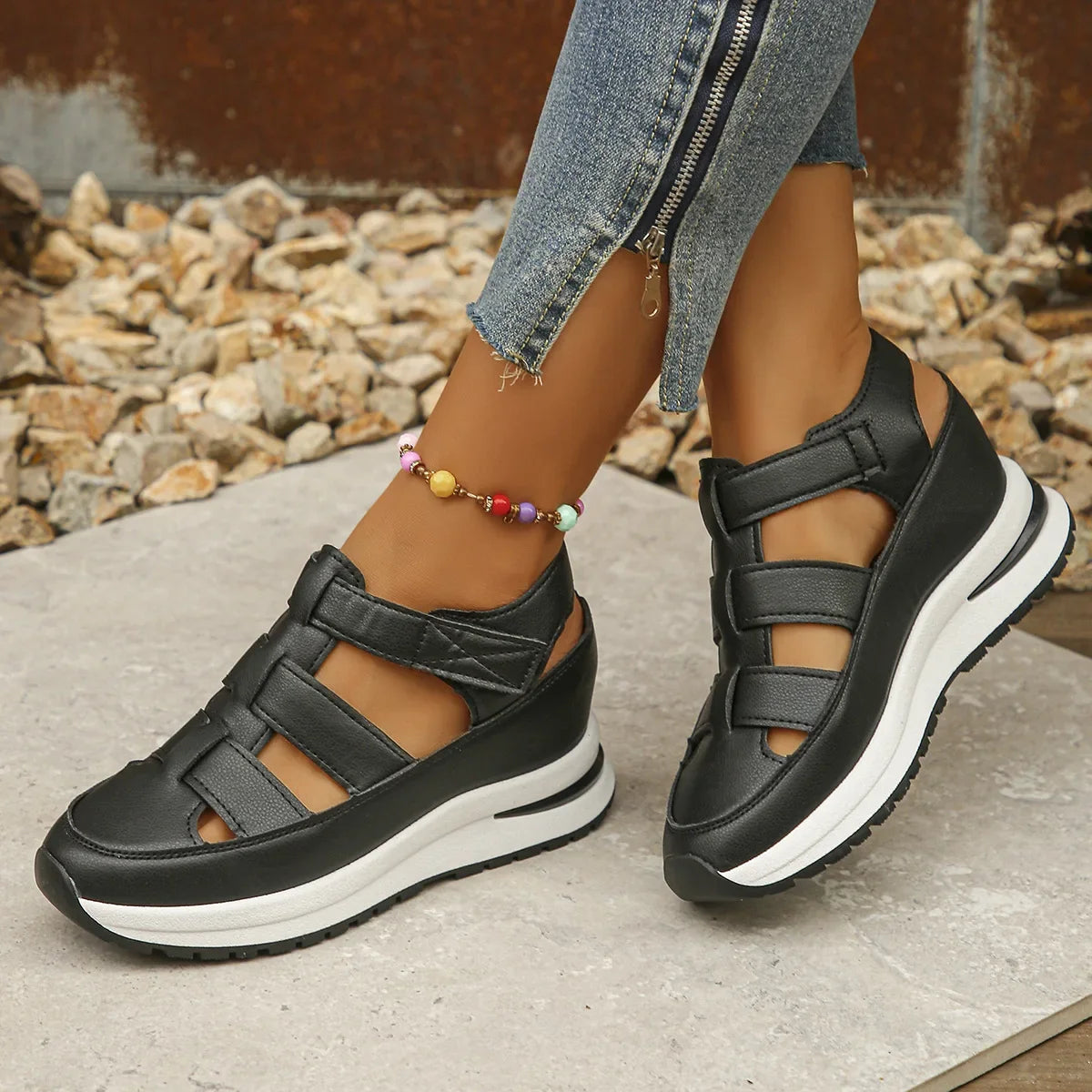 Ladies Shoes  High Quality Buckle Strap Women's Sandals New Closed Toe Office and Career Summer Solid Wedge Sandals