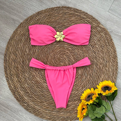 Bandeau Bikini Push Up Women Swimsuits 2025 Sexy Female Swimwear Brazilian Bikini Set Thong Biquini Swim Suits Solid Beachwear