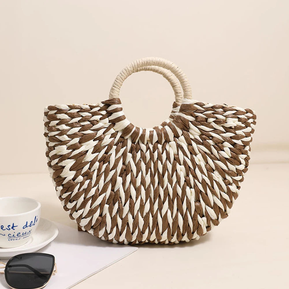 Women Straw Tote Handbag Large Capacity Half-Round Handbag Color Clash Semicircle Weaving Bag Summer Beach Handbag