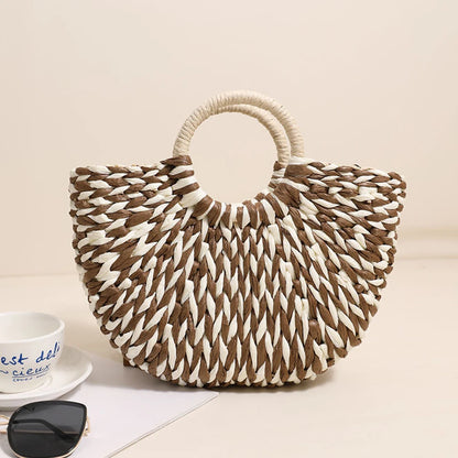 Women Straw Tote Handbag Large Capacity Half-Round Handbag Color Clash Semicircle Weaving Bag Summer Beach Handbag