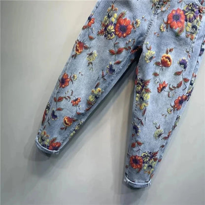 Autumn New Flower Print Jeans Women High-Waist Loose-Fit Denim Pants Large Size Personality Streetwear Harem Jeans Trousers Lady