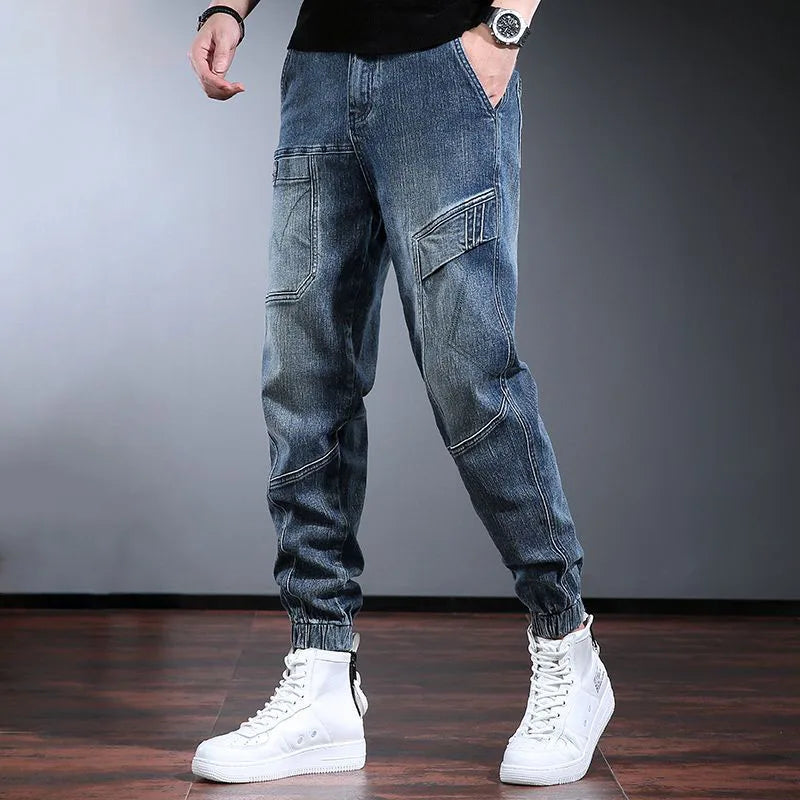 Korean Retro Workwear Jeans Men's Autumn Thin Casual Wear-Resistant Straight Leg Pants With Multiple Pockets Long Pants
