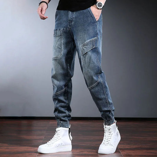 Korean Retro Workwear Jeans Men's Autumn Thin Casual Wear-Resistant Straight Leg Pants With Multiple Pockets Long Pants