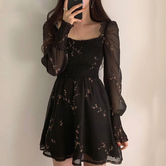 Women Sexy Black Chiffon Dress Spring Vintage Flower Long Puff Sleeve Dresses Korean Casual Mini Vestidos Elegant  Clothes 13676