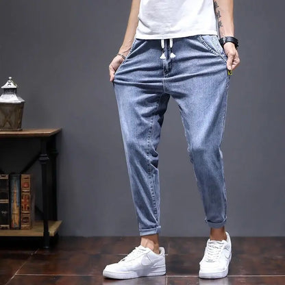 Elastic Lace Up Denim Jeans Men's Trend Versatile Pants 2022 Students Teenagers Men's Japanese Harem Leg  2022 Men's Cargo Pants