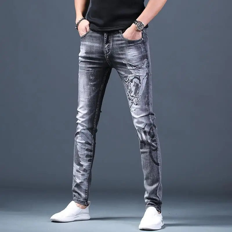 Trendy Luxury Clothing Men Korean Casual Denim Jeans Printed Patterns Slim Designer Spring Autumn Streetwear Cotton Trousers