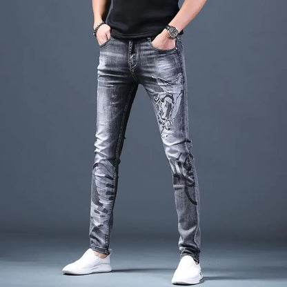 Trendy Luxury Clothing Men Korean Casual Denim Jeans Printed Patterns Slim Designer Spring Autumn Streetwear Cotton Trousers