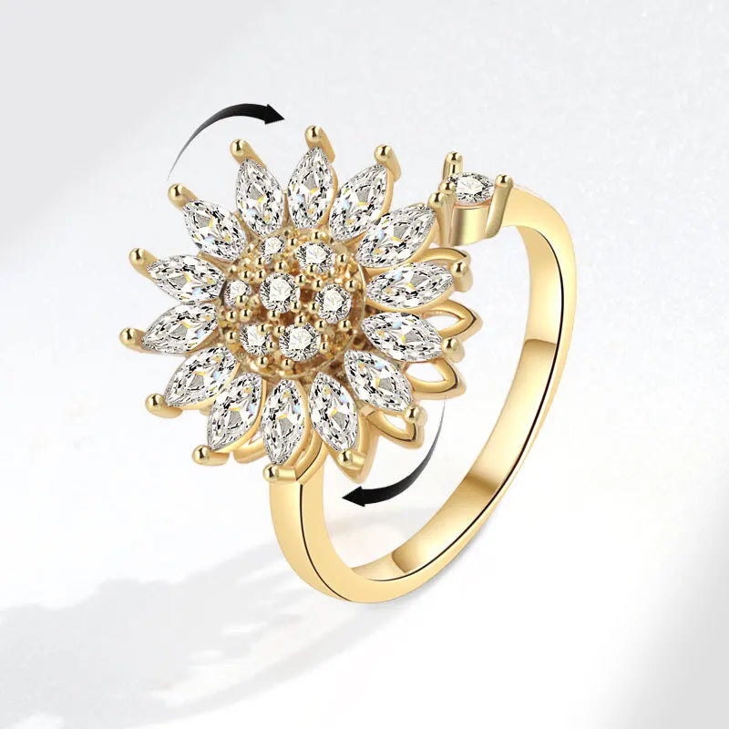 VENTFILLE 925 Sterling Silver Sunflower Diamond Zircon Rotatable Ring For Women Gift Relieve Stress Ring Jewelry Wholesale